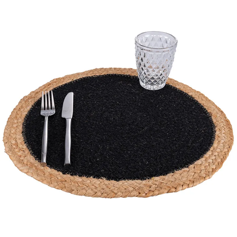 Villa D'Este Home Tivoli 1996 Set 6 tovagliette tonde nera in cotone, brodo in juta Ø 38 cm, Natural